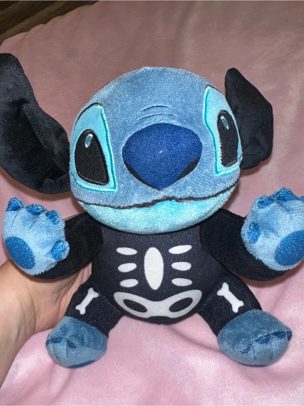 Blue and Black Stitch-Style Plush Toy with Skeleton Design